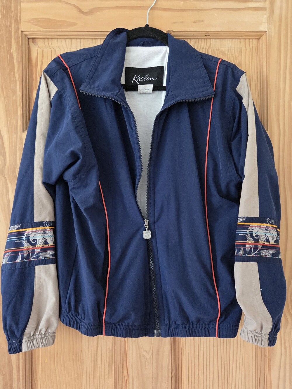 VTG Retro Kaelin Blue Floral Full Zip Windbreaker Track Jacket 80s 90s Size S